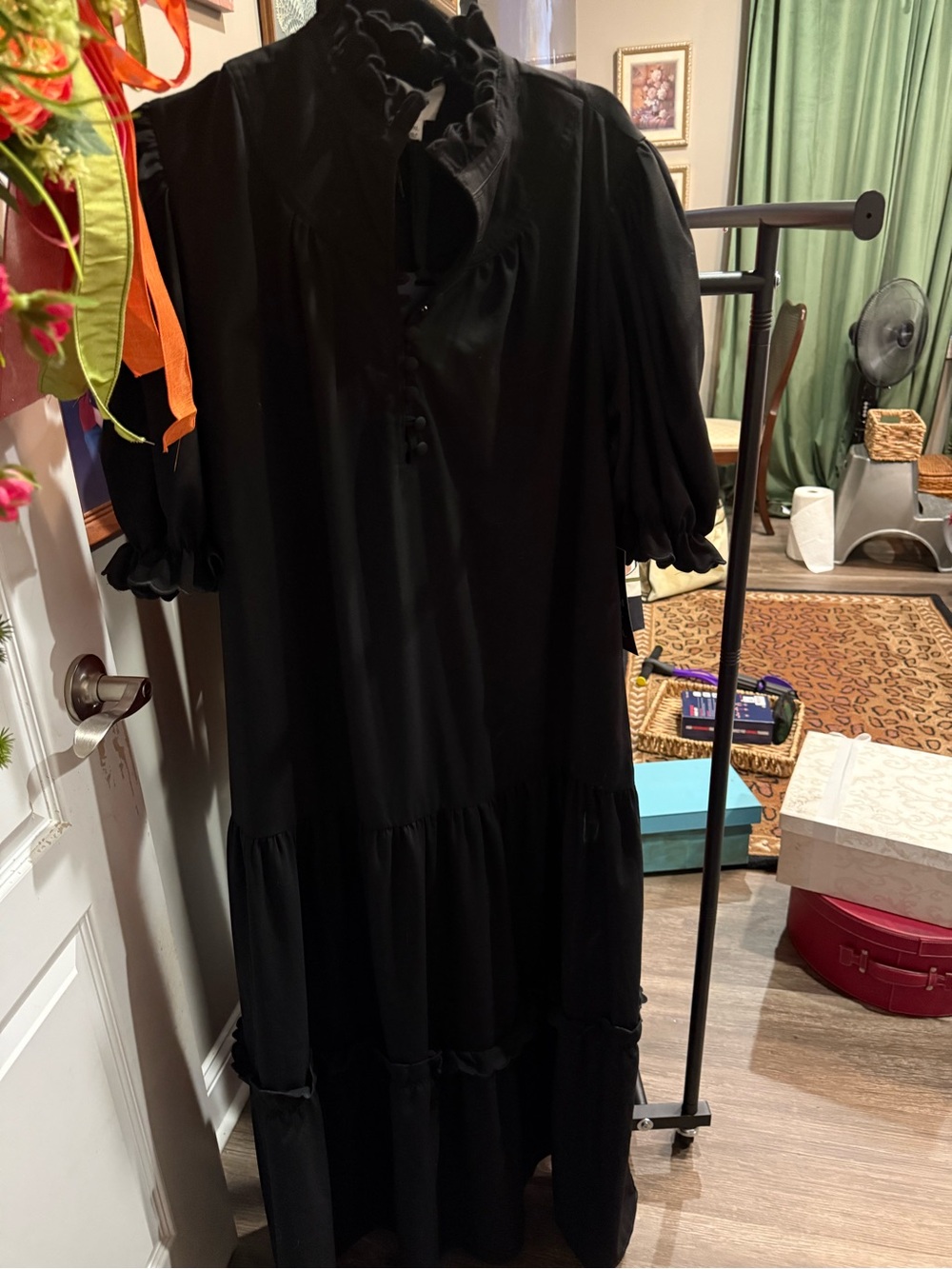 Pomander Place Black Ruffled Collar Maxi Dress